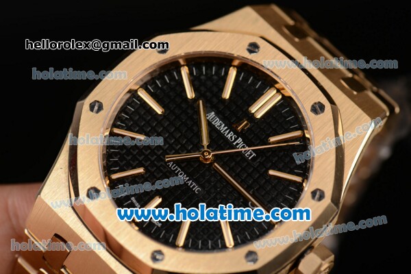 Audemars Piguet Royal Oak Swiss ETA 2824 Automatic Full Yellow Gold with Gold Sitck Markers and Black Dial - 1:1 Original - Click Image to Close